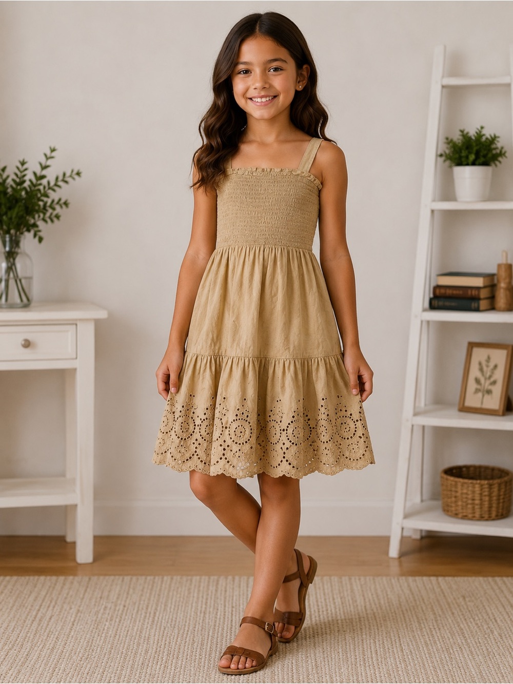 GAP Youth Girls Beige Tan Eyelet Smocked Sundress Size Medium